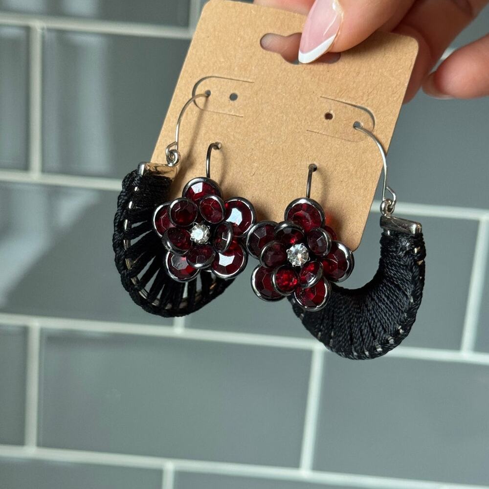Black Woven Hoop Earrings Red Crystal Floral Dangle Charms Alt Jewelry Set of 2